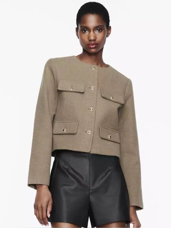 Zara Jackets & Blazers - Zara | Women’s Taupe Wool-Blend Textured Collarless Blazer Jacket
